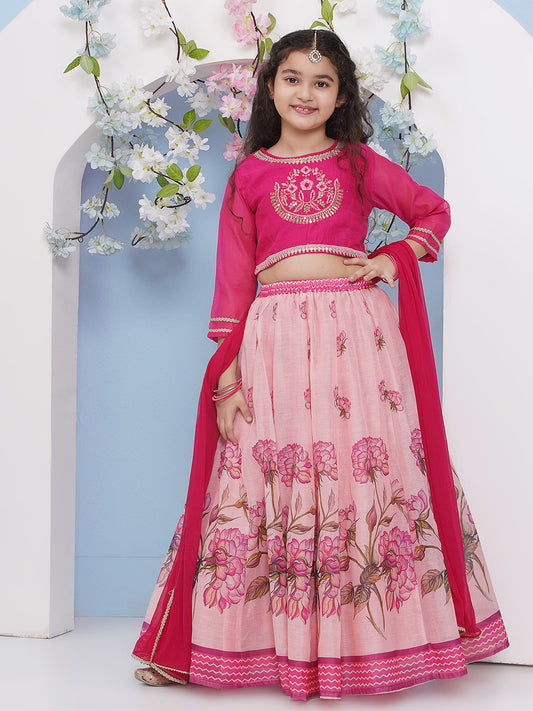Girls Fuchsia Pink Flower Printed with Embroidered Choli, Lehenga with Dupatta