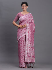 Sky Blue Linen Cotton Saree with Multicolor Elephant & Temple Motifs – Traditional Woven Pallu & Tassels