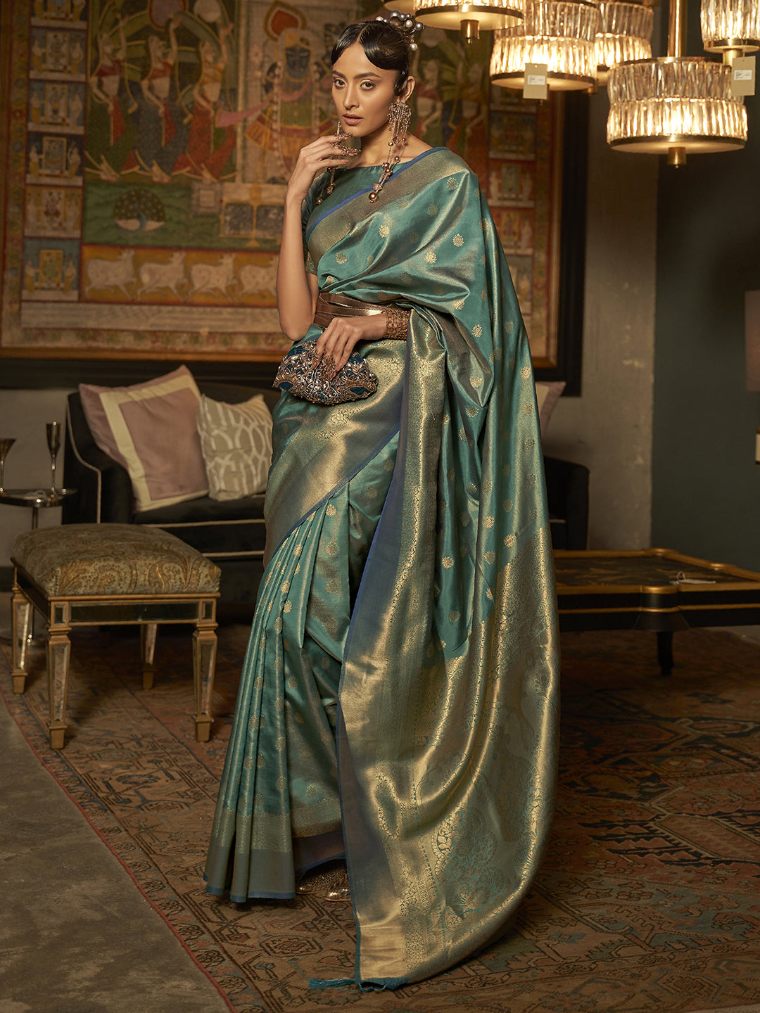 Women's Silk Blend Tealblue WovenDesign HandloomSaree With Blouse Piece