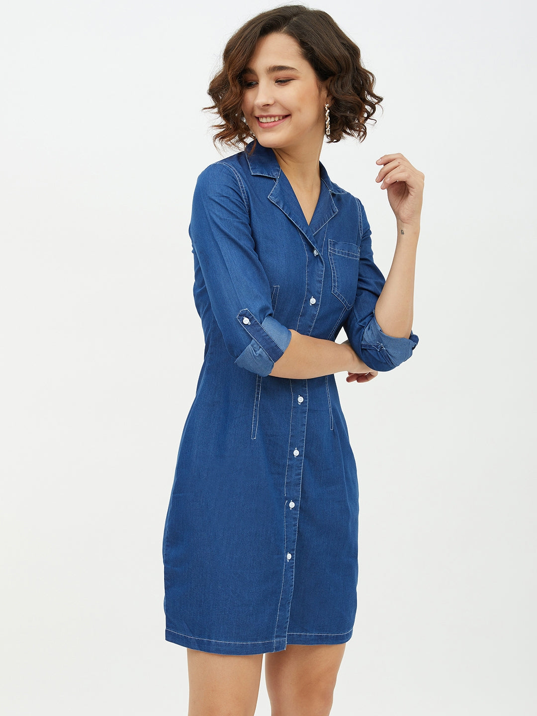 StyleStone Women's Denim Lapel Collar Shirt Dress