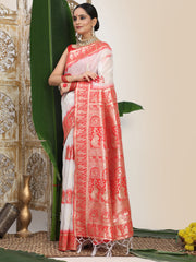 Premium Woven Linen Cotton Saree with Traditional Zari Border – Elegant Festive Look Perfect for Durga Puja, Navratri & Bengali Celebrations