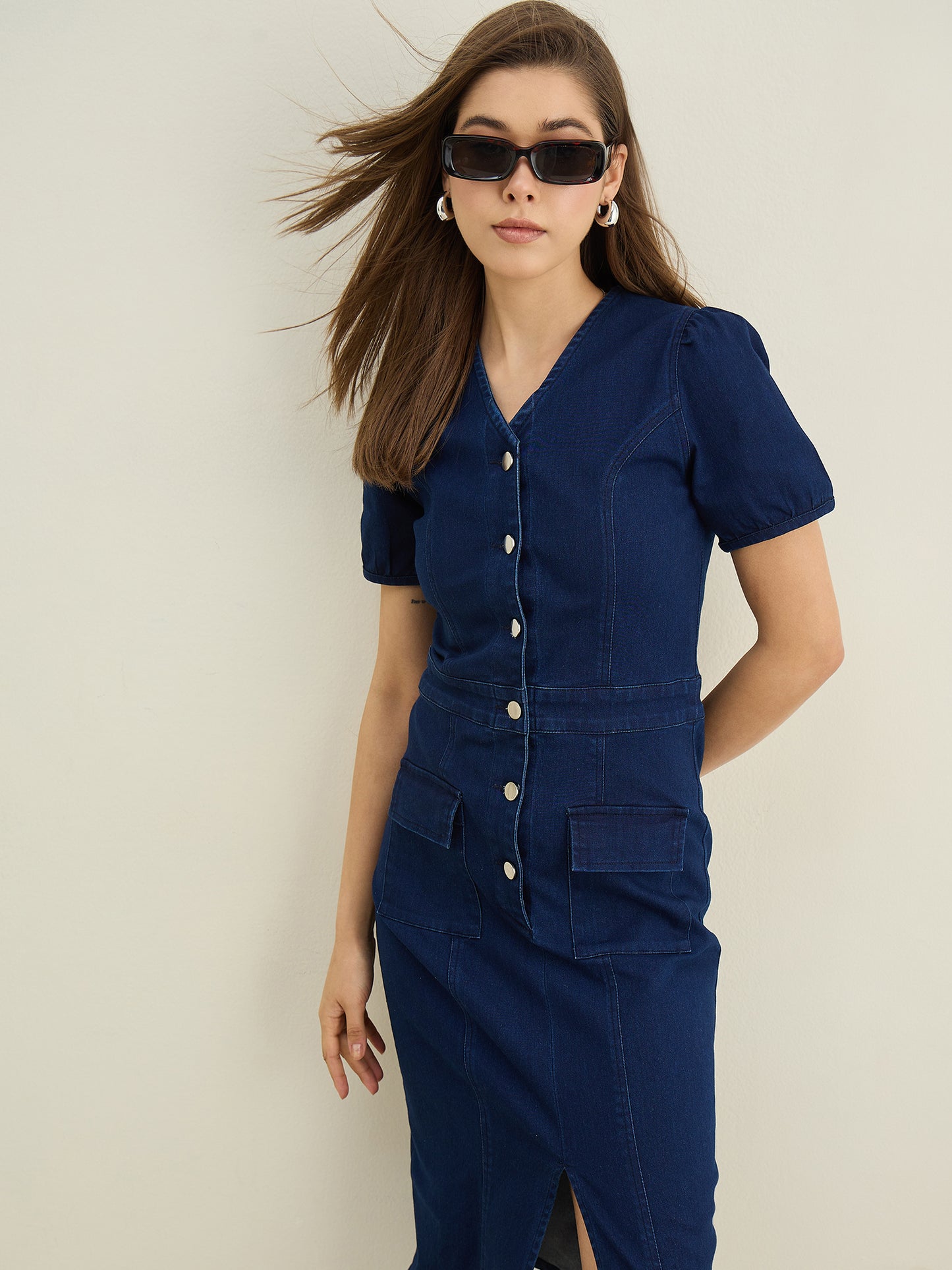 StyleStone Women's Denim Dress with front Slit