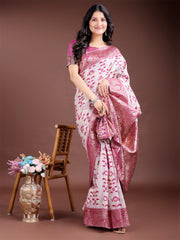 White & Maroon Woven Linen Cotton Saree with Rich Zari Border – Soft Festive Wear Saree for Women