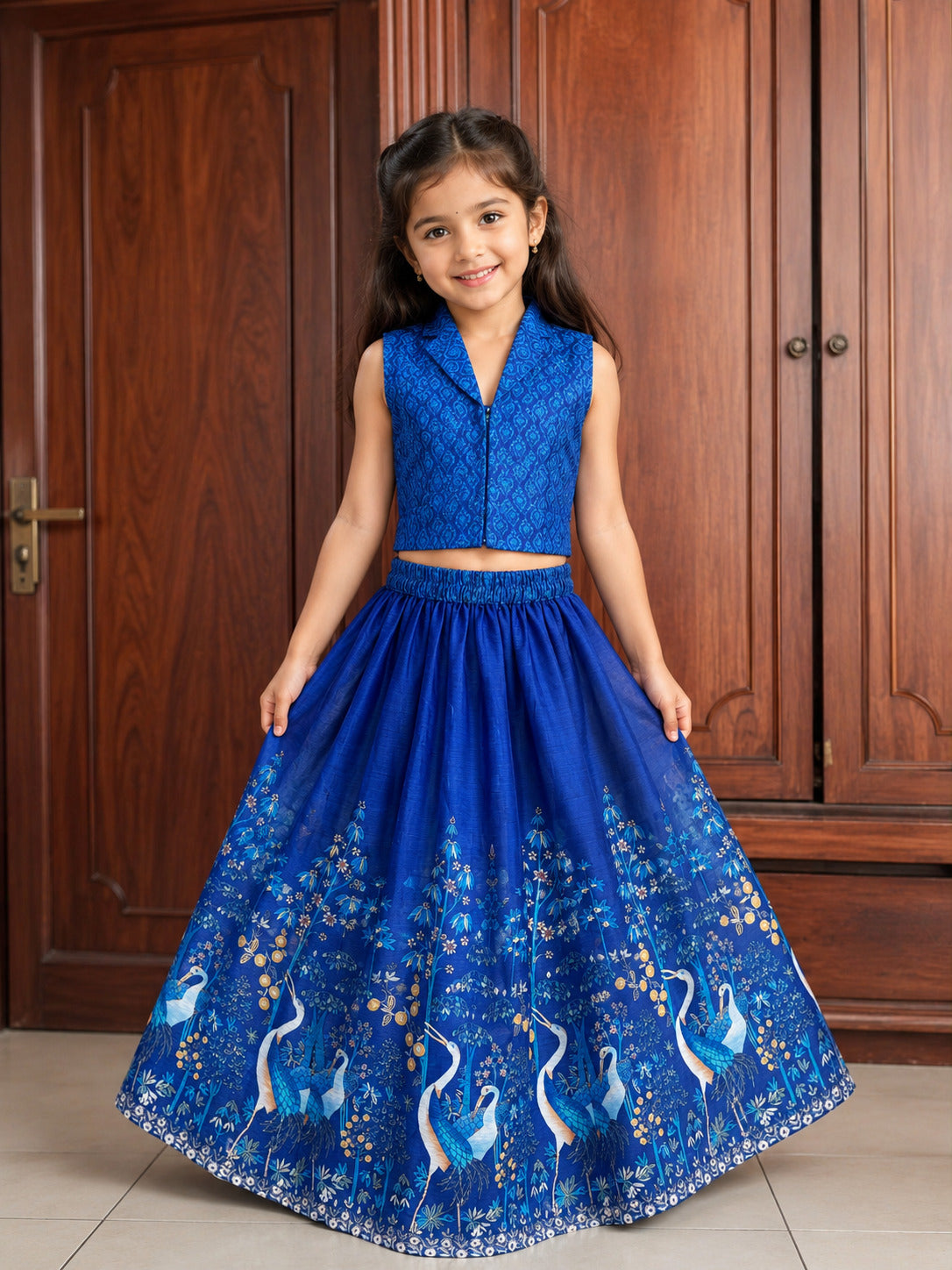 Girls Navy Blue Digital Printed Ready to wear Lehenga with Choli