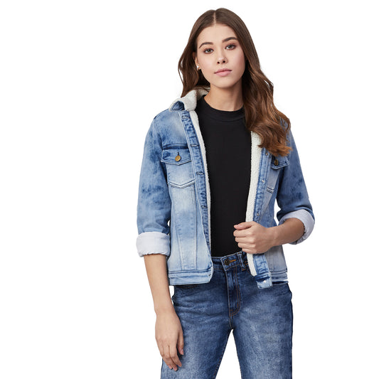 Women's Denim Jacket with Soft Warm Faux Fur Lining inside- Ice Blue