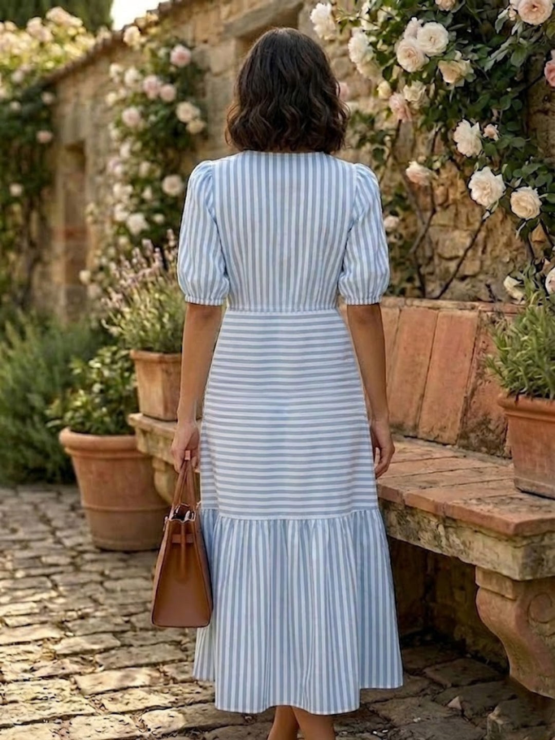 Blue Playful Stripe V-Neck Dress-ADR-22020