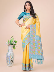 Premium Pink & Sky Blue Floral Woven Lichi Silk Saree with Rich Pallu & Tassels – Festive & Party Wear for Women