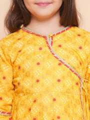 Girls Yellow Ethnic Motifs Printed Angrakha Kurta with Sharara