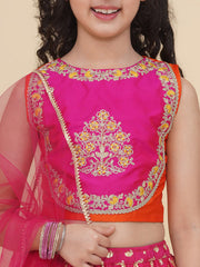 Girls Orange & Pink Embroidered Choli & Ready to Wear Lehenga With Dupatta
