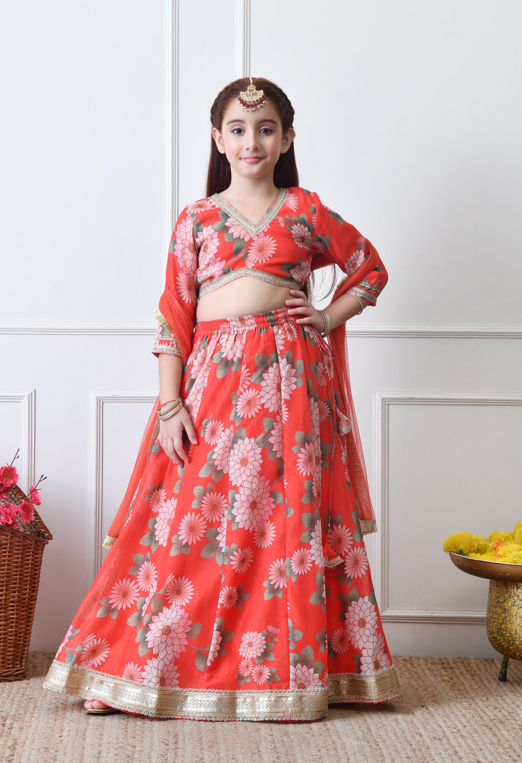 Girls Red Floral Printed Lehenga Choli Set with Net Dupatta