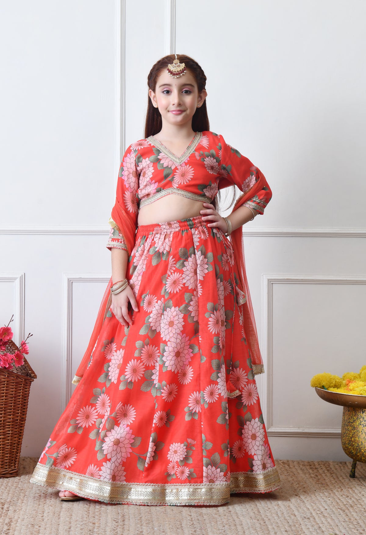 Girls Red Floral Printed Lehenga Choli Set with Net Dupatta