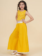 Placement Embroidered Sleeveless Above Knee Length Cotton Top With Palazzo - Yellow