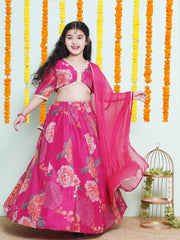 Girls Pink & Green Multi Printededed Ready to wear Lehenga & Choli with Dupatta