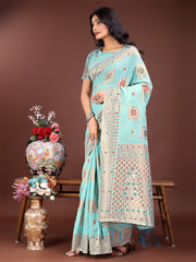 Elegant Sky Blue Linen Saree with Intricate Woven Patterns – Lightweight Grace for Everyday and Festive Moments