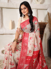 Elegant Woven Linen Cotton Saree for Durga Puja & Diwali | Ethnic Motif Design with Rich Zari Border | Soft, Breathable, Festive-Ready Traditional Drape
