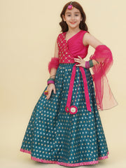 Girls Pink Embroidered Choli Turquoise Blue Woven Design Ready to Wear Lehenga With Dupatta
