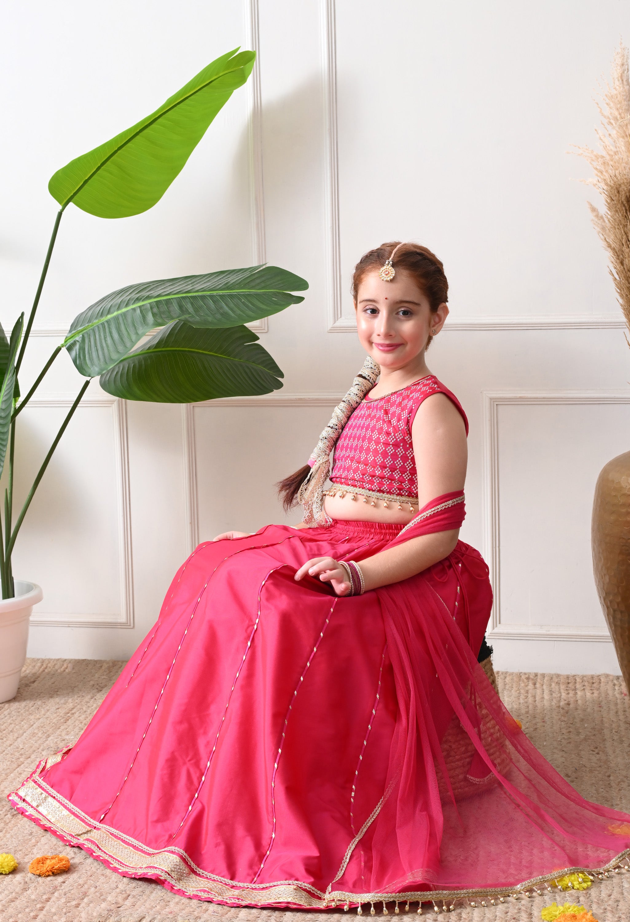 Girls Rani Pink Embroidered Lehenga Choli Set with Dupatta Festive Ethnic Wear
