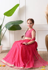 Girls Rani Pink Embroidered Lehenga Choli Set with Dupatta Festive Ethnic Wear