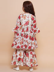 Silk blend Woven Three-Quarter Sleeves Floral Print Flared Kurta And Sharara Set - Offwhite