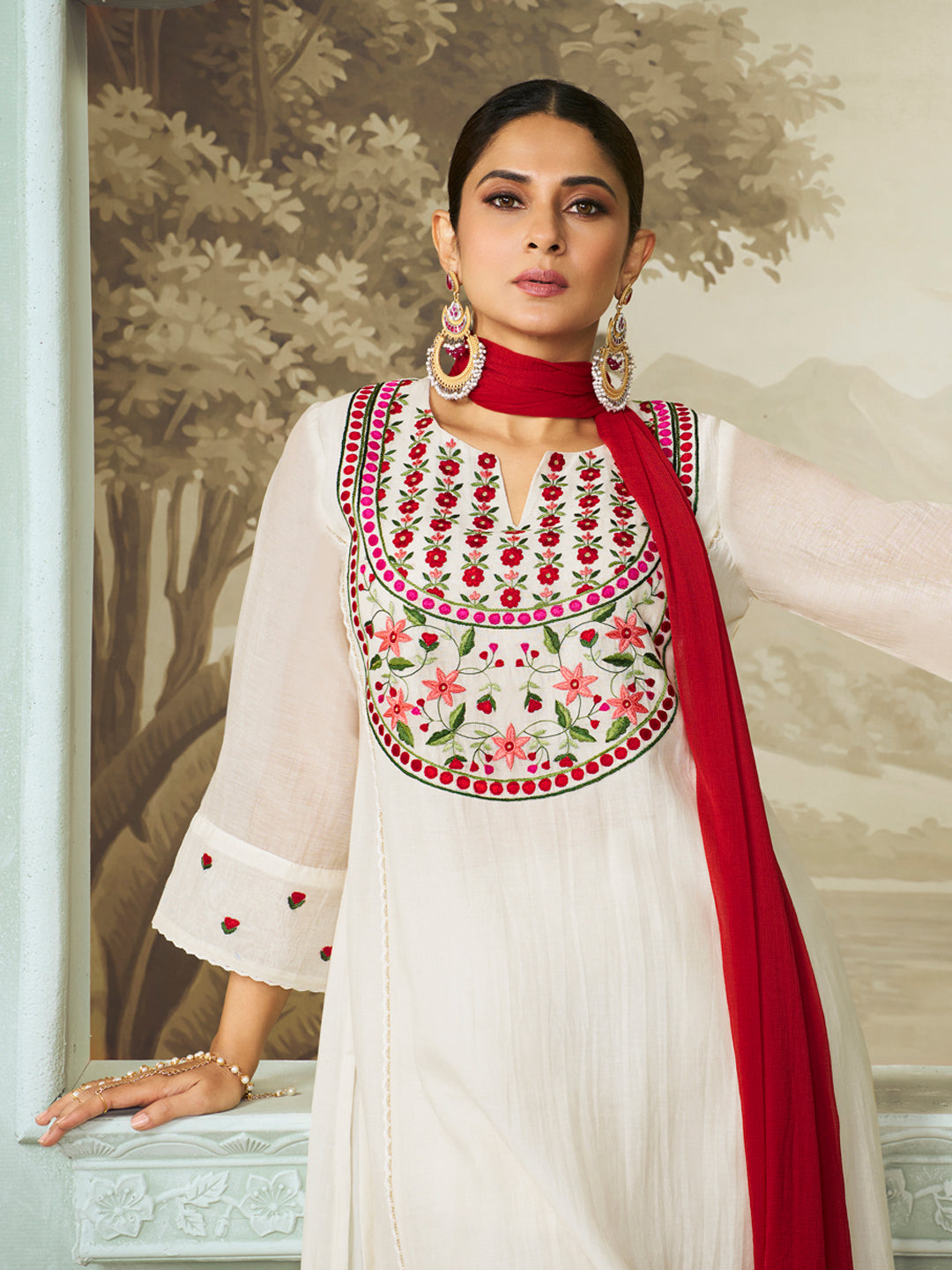 Off White Embroidered Yoke Straight Kurta Set With Dupatta.