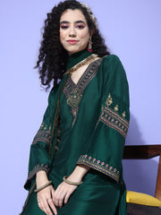 Women Green Embroidered Straight Kurta   Paired With Tonal Embroidered Bottom And With Tonal  Chiffon Dotted Dupatta