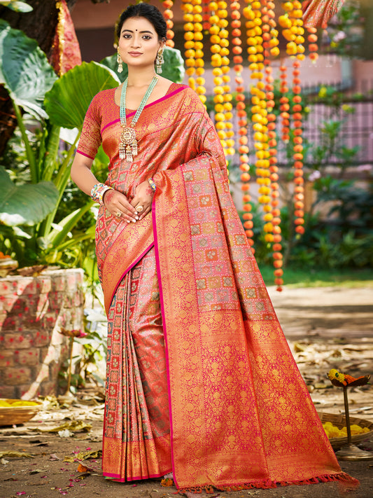 Kanjivaram Silk Saree for Women | Rich Zari Woven Pallu & Border | Traditional Bridal Saree | Perfect for Wedding & Festive Wear | Comes with Unstitched Blouse Piece