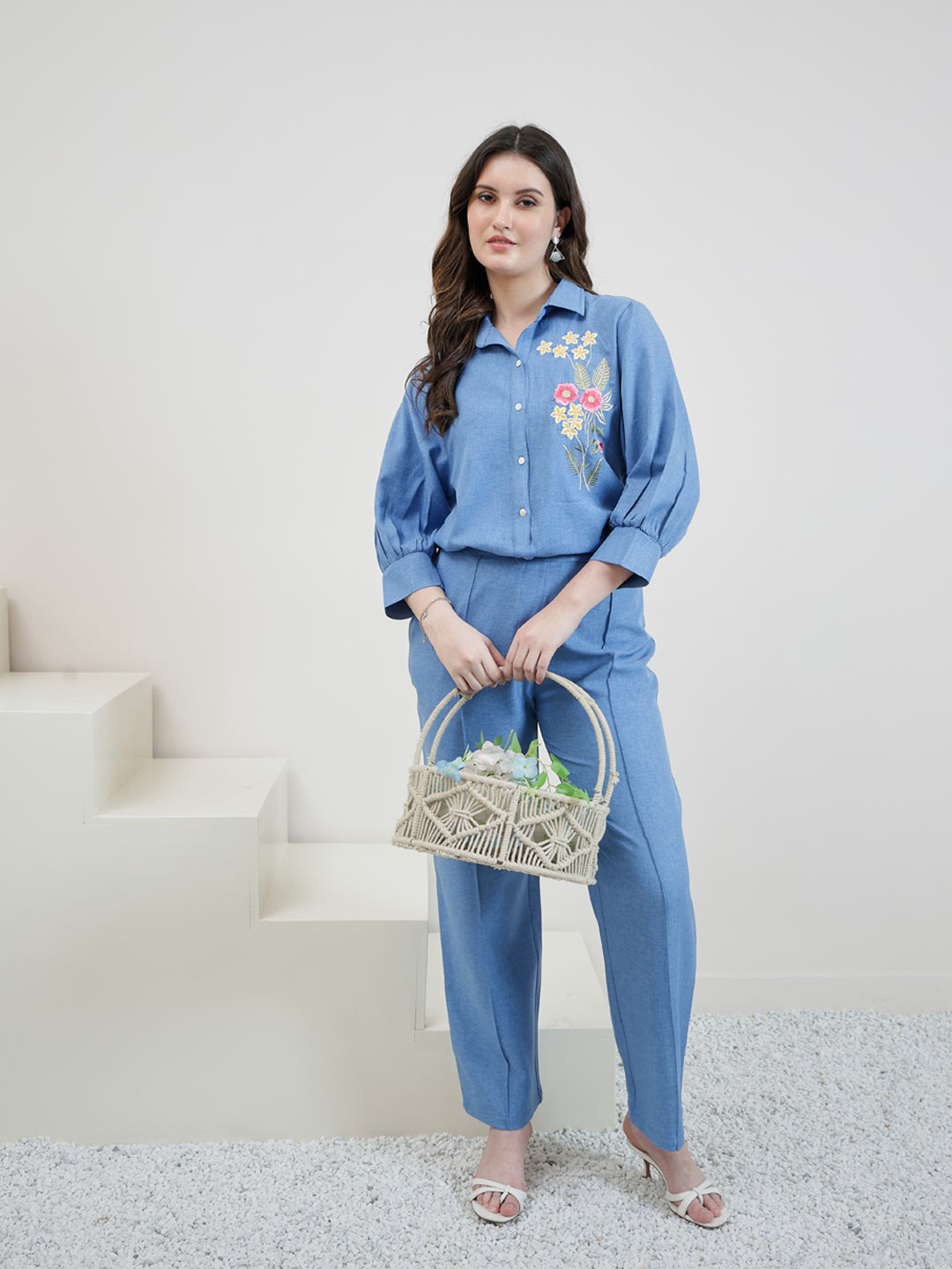 Embroidered Linen Shirt With Trousers