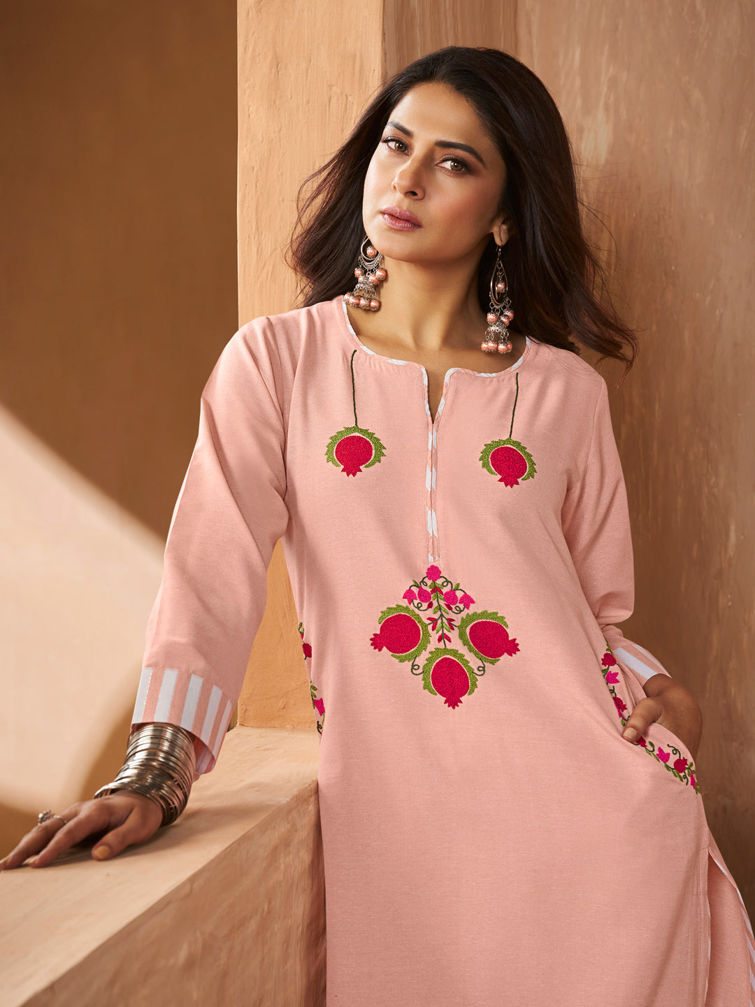 Peach Floral Embroidery Straight Kurta Set