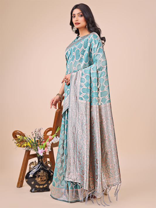 Elegant Sea Green Linen Cotton Saree with Silver Zari Border & Geometric Weave – Daily, Office & Festive Wear