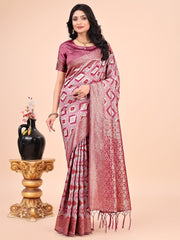 Graceful Pink Lichi Silk Saree with Contrast Blue Woven Border & Floral Zari Design – Wedding & Festive Wear
