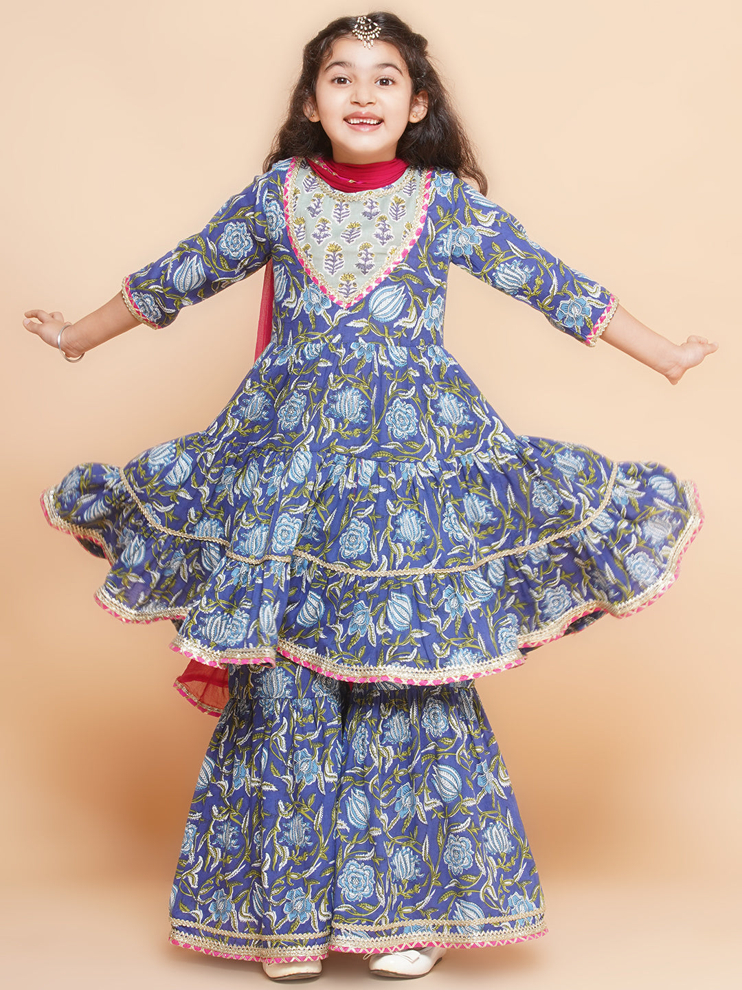 cotton Woven Three-Quarter Sleeves Floral Print Flared Kurta And Sharara With Dupatta Set - Blue