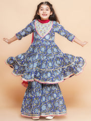 cotton Woven Three-Quarter Sleeves Floral Print Flared Kurta And Sharara With Dupatta Set - Blue