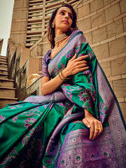 Women's Satin Silk Teal green Woven Design Designer Saree With Blouse Piece