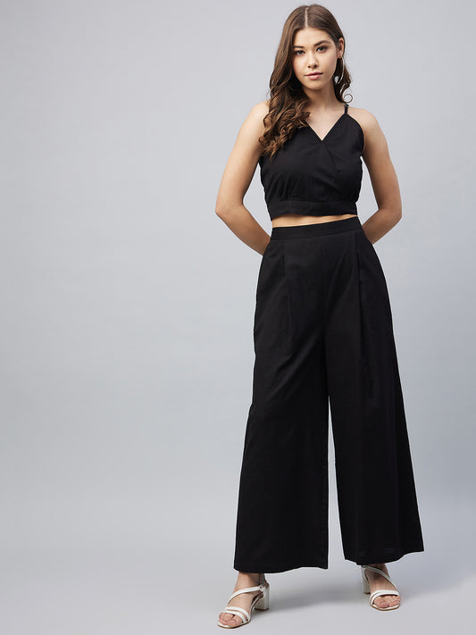 Women's Cotton Linen Black Crop Top and Pallazo set