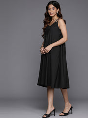 Varanga Women Black V Neck Criss Cross Strap A-Line  Dress