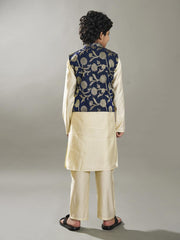 Boys off white kurta pajama with a blue jacquard jacket