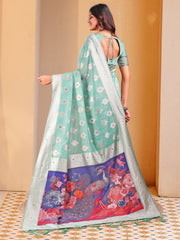 Floral Linen Cotton Saree with Zari Border & Digital Printed Pallu - Elegant Sari for Festive Occasions