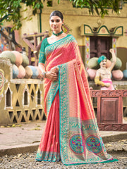 Traditional Kanjivaram Silk Saree in Orange with Grand Zari Pallu and Matching Blouse