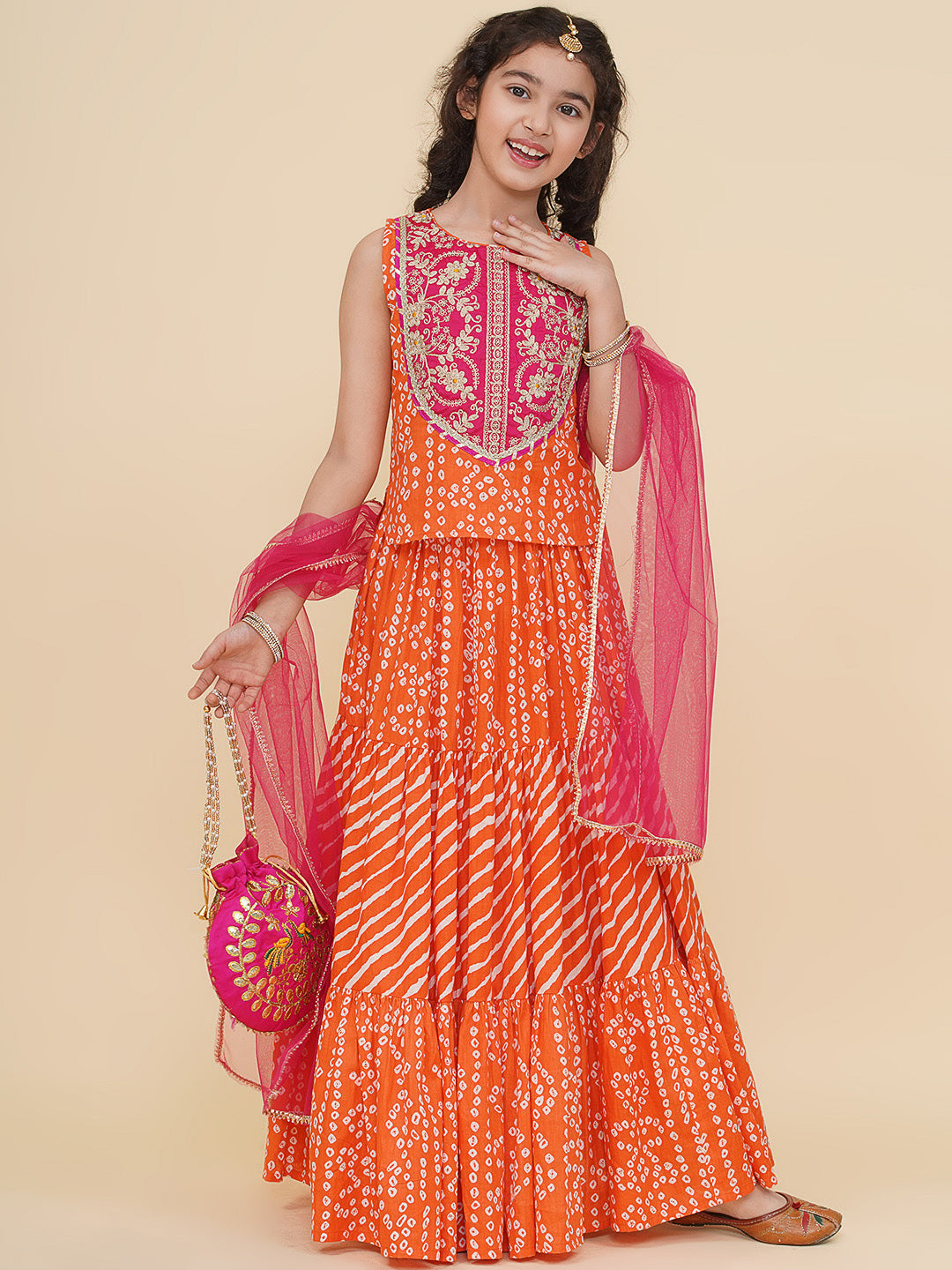 Bitiya by Bhama - Girls Boho Design Pink Embroidered Choli Orange Bandhej Leheriya Ready to Wear Lehenga With Dupatta