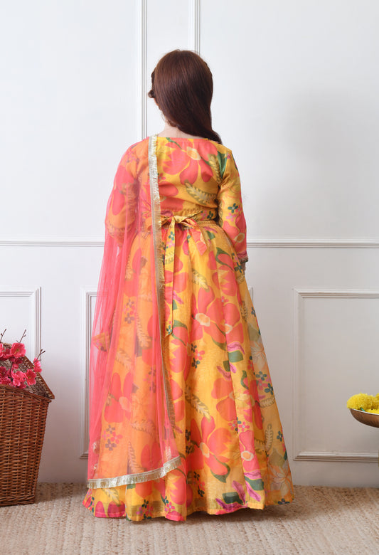 Girls Yellow Floral Printed Lehenga Set with Dupatta