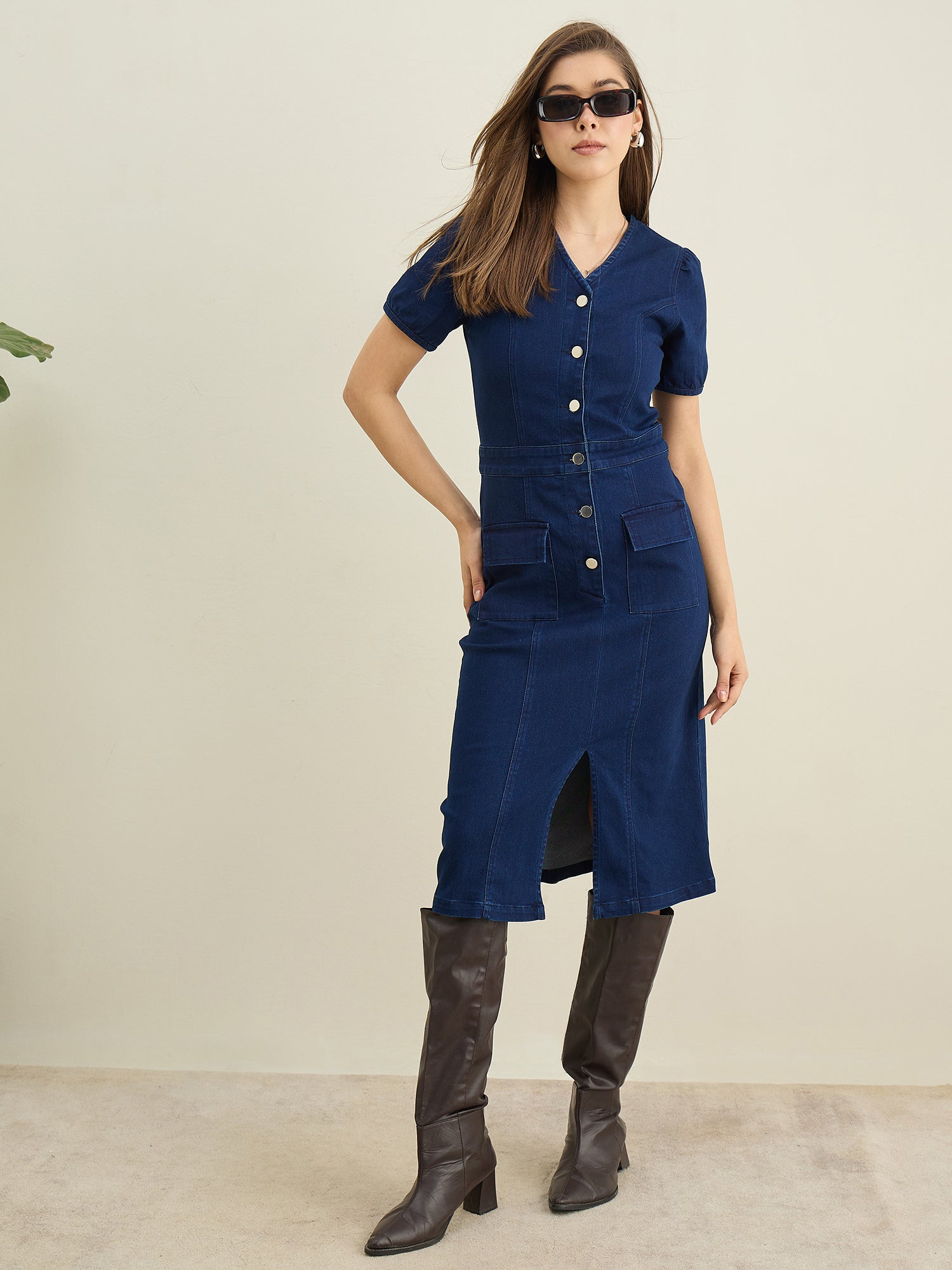 StyleStone Women's Denim Dress with front Slit