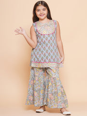 Girls Grey Pink Floral Printed Kurta With Sharara