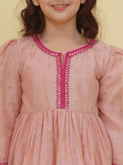 Three-Fourth Sleeves Above Knee Length Silk Kurta With Palazzo - Peach