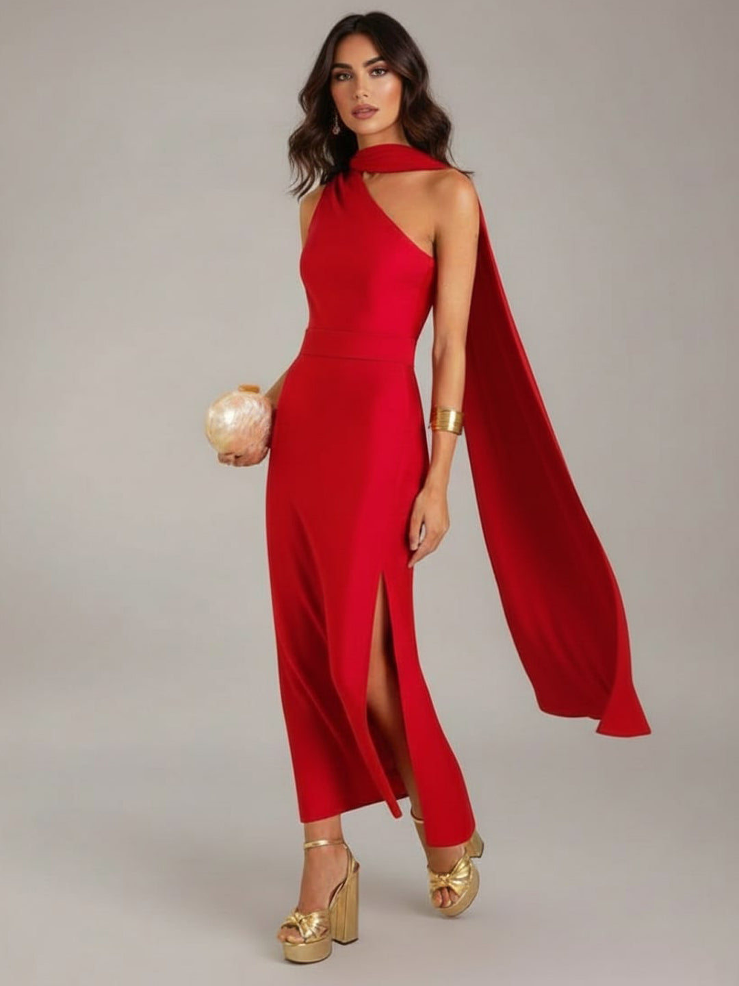 One-Shoulder Red Bodycon Scarf Dress-ADR-19817
