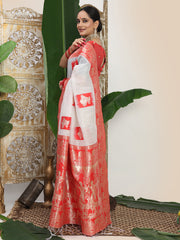 Premium Woven Linen Cotton Saree with Traditional Zari Border – Elegant Festive Look Perfect for Durga Puja, Navratri & Bengali Celebrations