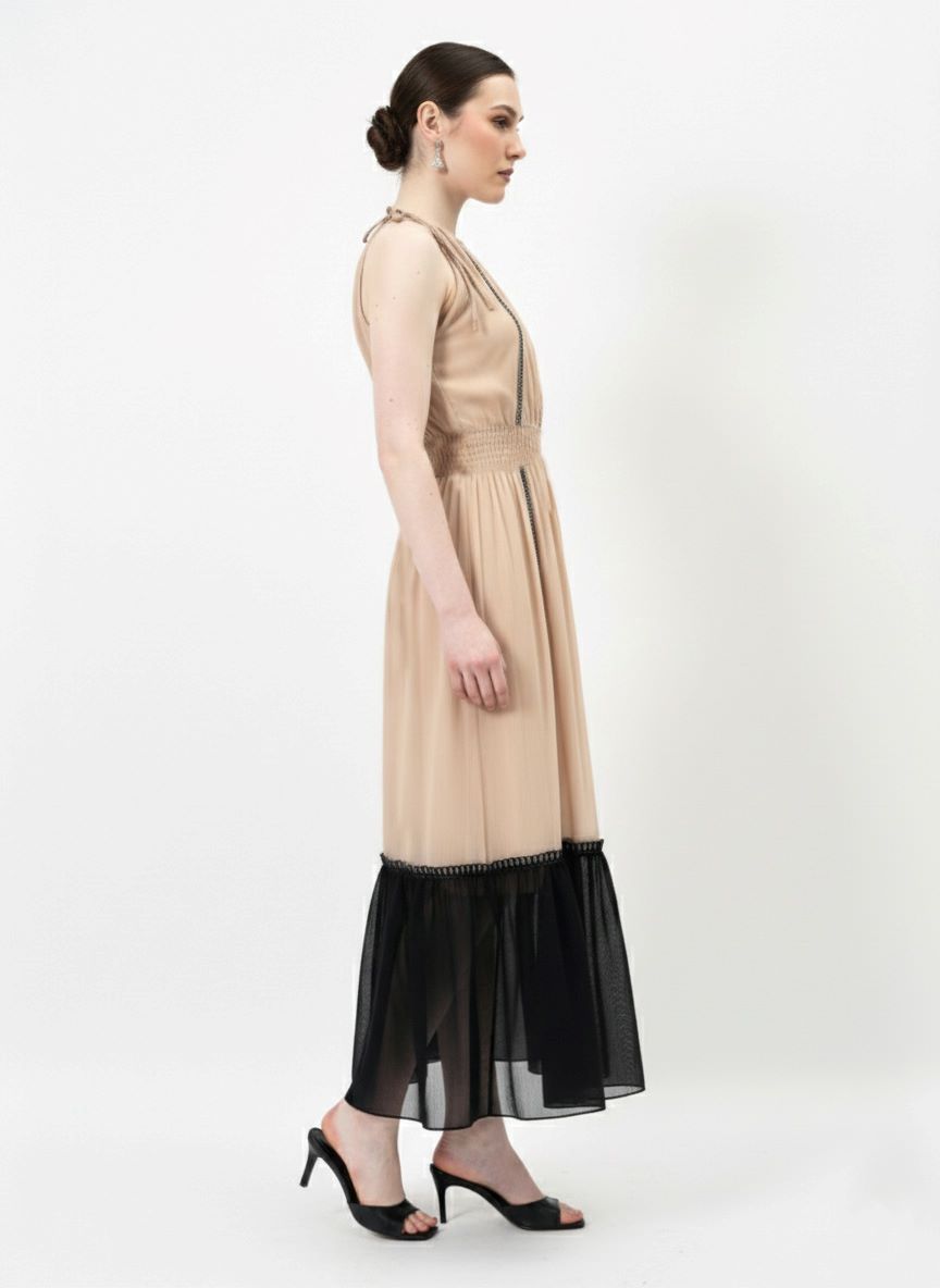 Colourblocked Halter Neck Chiffon A-Line Midi Dress-ADR-19827A