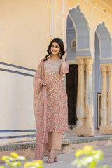 Women Pink Round Neck Floral Printed  Embroidered Kurta Paired With Bottom And  Dupatta