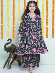 Girls Black Floral Printed Angrakha Kurta with Sharara