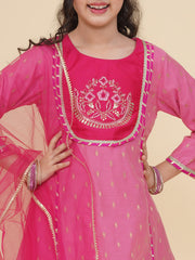 Solid Three-Fourth Sleeves Above Knee Length Silk Kurta & Salwar With Dupatta - Pink