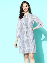 Varanga Women Grey Abstract Printed Mandarin Collar Dress With Three Quarter Sleeves